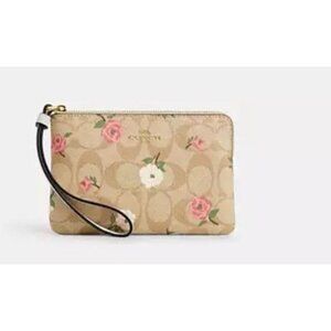 NWT COACH Corner Zip Wristlet In Signature Leather & Canvas With Floral Print